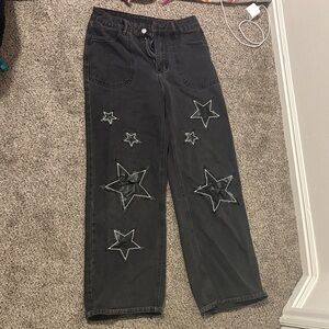 Black Star Embroidered Jeans - Size Medium